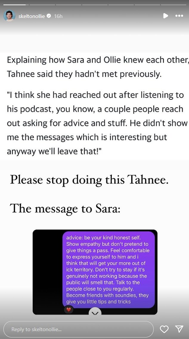 Seitdem schlug Ollie bei seiner Ex zurück, die er auf MAFS kennengelernt hatte und mit der er nach der Show monatelang zusammen war, bevor er einen Screenshot der Nachricht teilte, die er Sara geschickt hatte