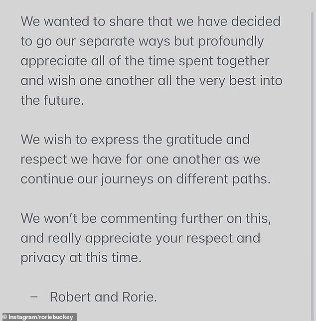 Das Paar machte die schockierende Ankündigung in einer gemeinsamen Erklärung, die sie am Samstagmorgen in Rories Instagram-Story teilten