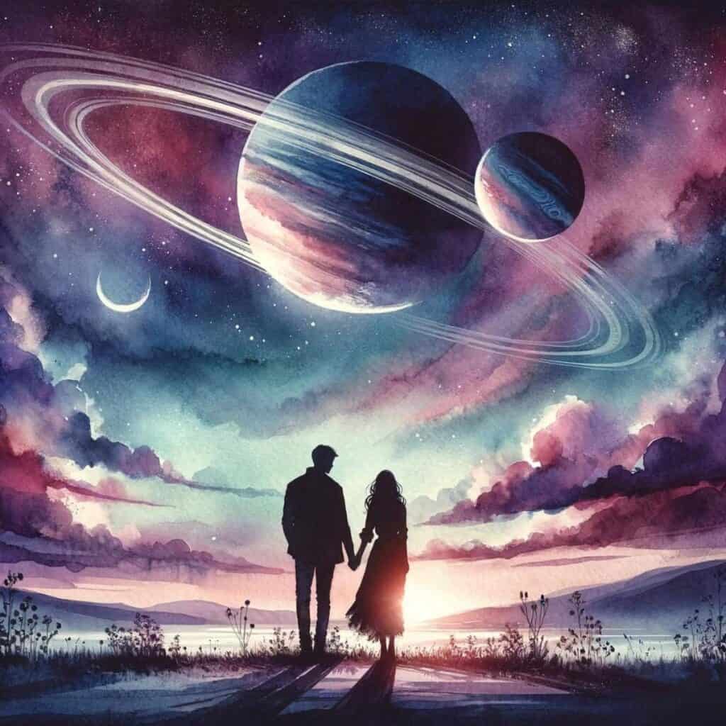 Bild eines Paares, das die Synastrie zwischen Saturn und Jupiter symbolisiert
