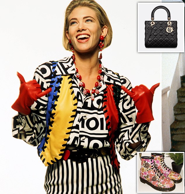 Sterne und Streifen: Im Uhrzeigersinn von links: Die italienische Marke Moschino ist für ihre kräftigen Farben beliebt;  die Dior-Handtasche „Diana“;  und ein Paar geblümte Dr Martens stammen alle aus den 90ern