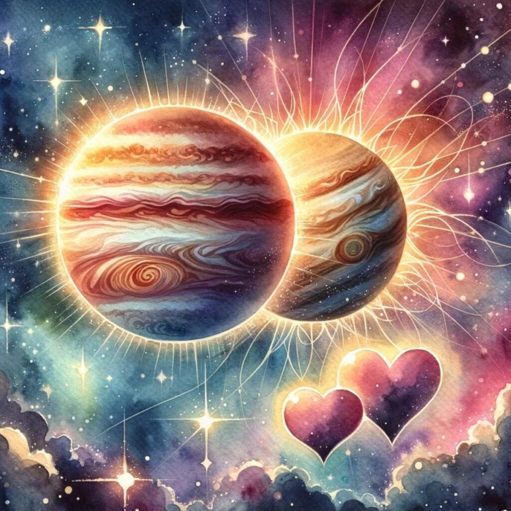 Bild von Planeten und Herzen, die die Synastrie Sonne gegenüber Jupiter symbolisieren