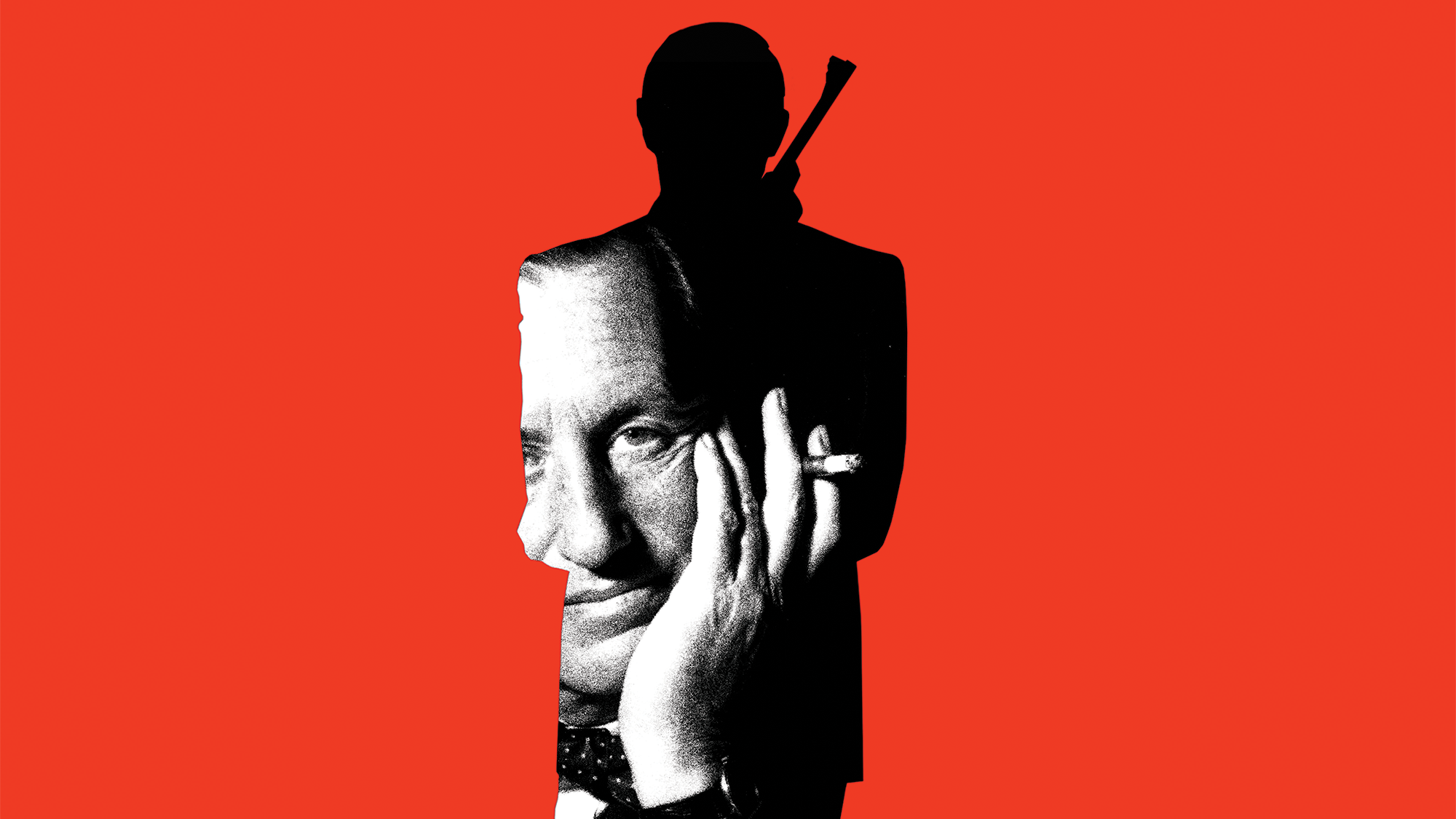 Vor rotem Hintergrund eine Silhouette von James Bond mit einem Schwarz-Weiß-Foto des Autors Ian Fleming im Inneren