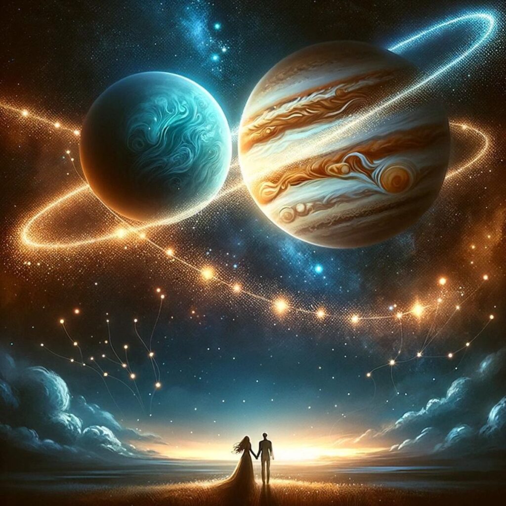 Bild eines Paares, das Uranus gegenüber der Jupiter-Synastrie symbolisiert