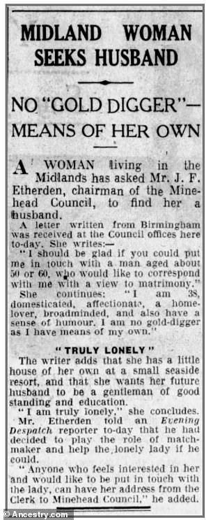 Zeitungen fungierten sogar als Heiratsvermittler: Dieser Artikel aus dem Jahr 1936 mit der einfachen Überschrift „Frau aus Midland sucht Ehemann“ zielte darauf ab, einer 38-jährigen Frau dabei zu helfen, einen Mann „im Alter von etwa 50 oder 60 Jahren“ zu finden.