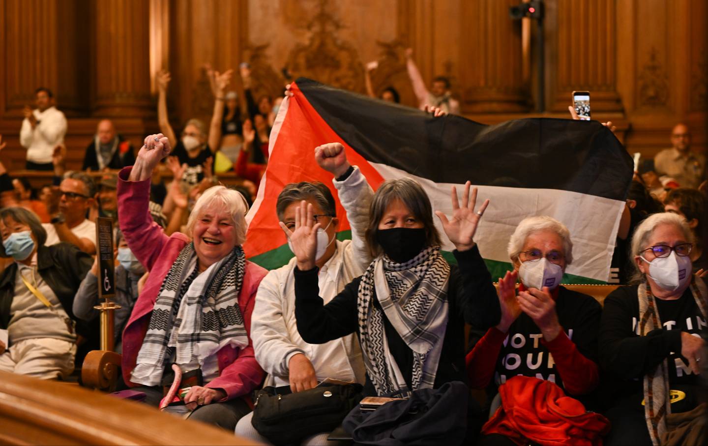 Over 2,000 people pack San Francisco's City Hall during a hearing on a cease-fire resolution on December 5, 2023.