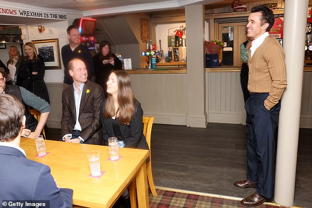 Prince William and Wrexham AFC co-owner Rob McElhenney smile at The Turf pub today