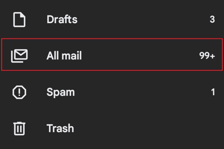 Auswahl der Option „Alle E-Mails“ in der Gmail-App für Android.