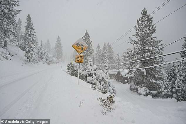 A view of snow blanketed roads in Lake Tahoe, California as a blizzard warning was issued for California's Sierra Nevada