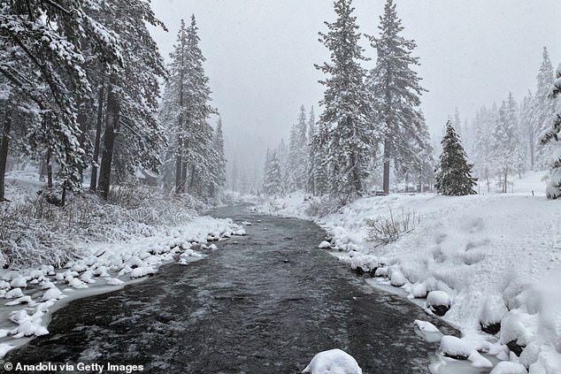 : A view of snow blanketed Truckee River in Truckee, California