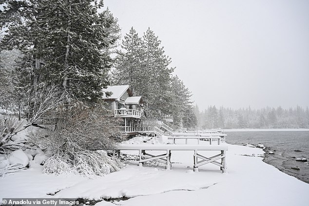 Snow seen blanketing Donner Lake in Truckee, California