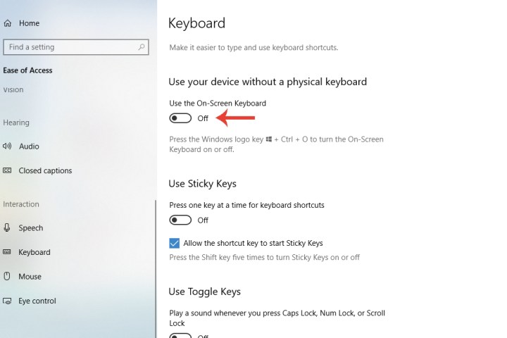 Die Option zum Aktivieren einer Bildschirmtastaturfunktion in Windows 10.
