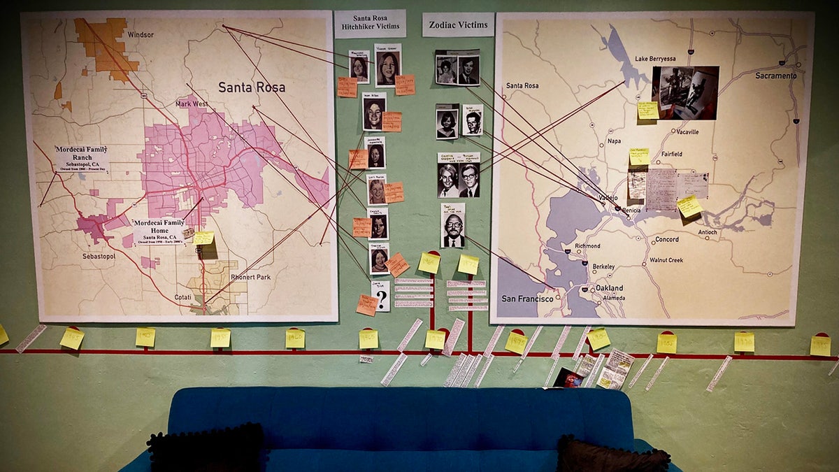 Karte der Santa Rosa-Tramper- und Zodiac-Opfer im War Room