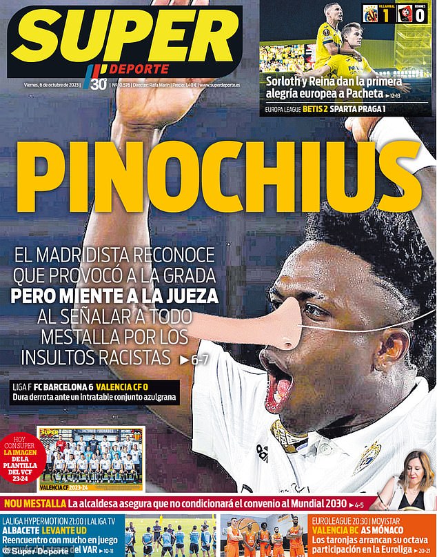Eine Zeitung in Valencia verspottete den Real-Madrid-Star Vinicius Jr. auf ihrer Titelseite als Pinocchio und beschuldigte den Fußballer, über die rassistischen Beleidigungen gelogen zu haben, die er bei einem Spiel im Mai erhalten hatte