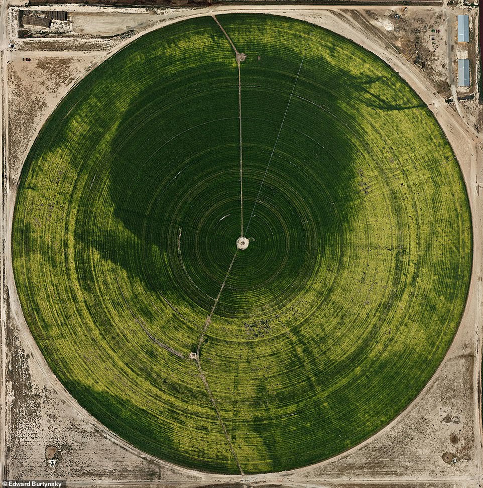 PIVOT IRRIGATION, HIGH PLAINS, TEXAS PANHANDLE, USA: Burtynsky used a ¿gyro¿ to stabilise his camera to get this perfectly squared image, which was shot through a hole in the floor of a fixed-wing airplane