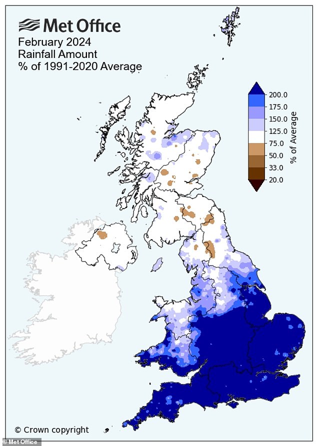 Auch der Süden Englands erlebte den feuchtesten Februar seit Beginn der Aufzeichnungen, wobei in vielen Teilen weit mehr als das Doppelte des durchschnittlichen Niederschlags fiel