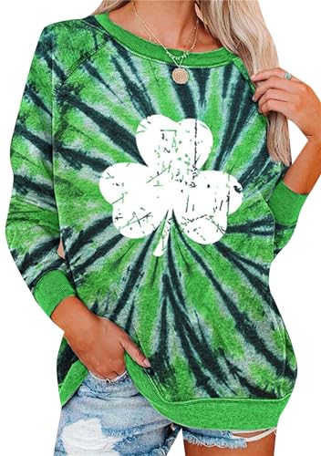 YMING Damen-Sweatshirt mit schlichtem St. Patrick's Day-Kleeblatt und Batikmuster