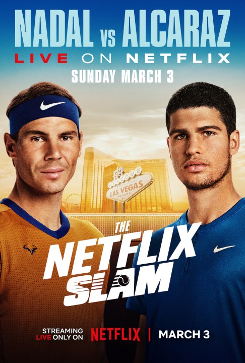 Rafael Nadal und Carlos Alcaraz posieren auf dem Plakat für den Netflix Slam.