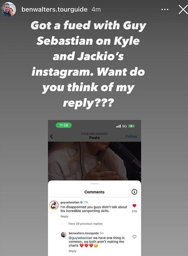 Der Streit begann, als der 42-jährige Guy letzte Woche einen bissigen Kommentar auf dem Instagram-Konto von Kyle und Jackie O hinterließ