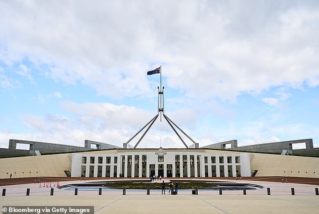 In einem Interview am Sonntagabend verteidigte Herr Burgess erneut seine Entscheidung, das betroffene Land nicht zu nennen, obwohl er China im vergangenen Oktober wegen seines „beispiellosen“ Diebstahls westlichen geistigen Eigentums öffentlich beim Namen genannt hatte.  Abgebildet ist das Parlamentsgebäude in Canberra