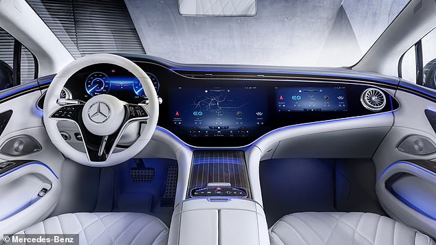 Autohersteller liefern sich einen Wettrüsten um die Entwicklung der technologisch fortschrittlichsten Infotainment-Bildschirme.  Abgebildet ist der Mercedes-Benz MBUX „Hyperscreen“