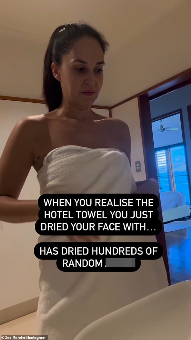 Die 38-jährige Fernseh- und Radiomoderatorin teilte am Montag ein Video auf Instagram, in dem sie dabei zu sehen war, wie sie nur mit einem Handtuch bekleidet in den Badezimmerspiegel eines Hotels starrte.  Sie hat das Filmmaterial mit einigen ernüchternden Worten versehen