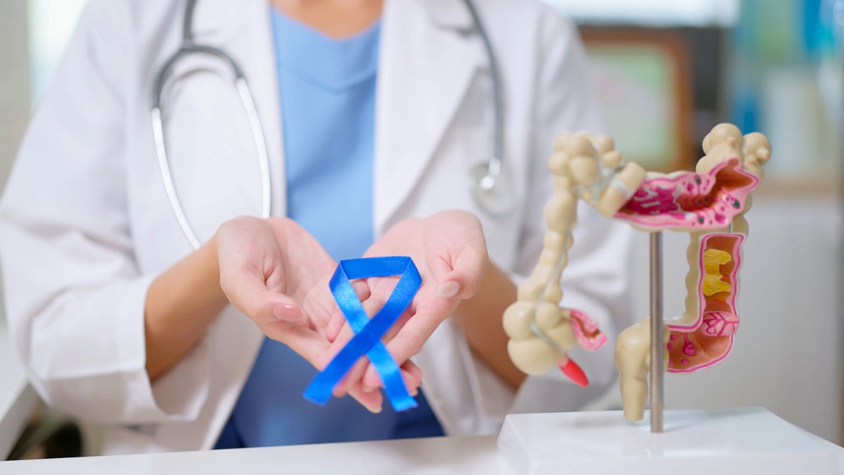 Ein Arzt mit einer blauen Schleife neben einem Darmkrebsmodell
