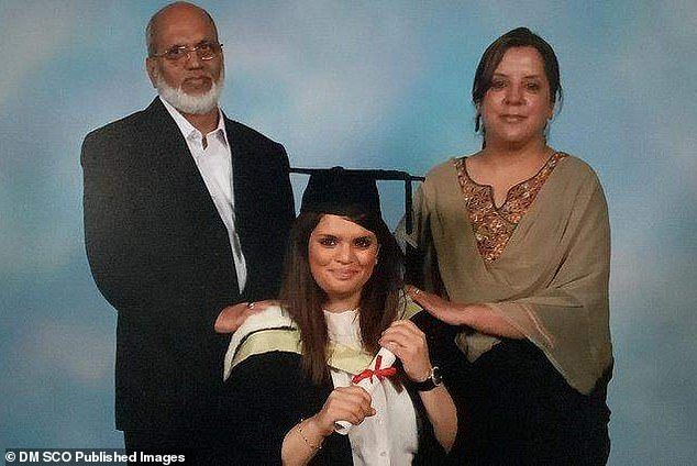Fawziyah Javed, a 31-year-old employment lawyer from Leeds, pictured (centre) alongside her proud parents, Yasmin Javed (R) and father Mohammed Javed (L)