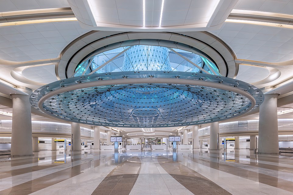 Sana Al Nour (above) facilitates energy-saving airflow for the entire terminal building, allowing for cool air to pass through the front and top of it, while heat rises through the middle