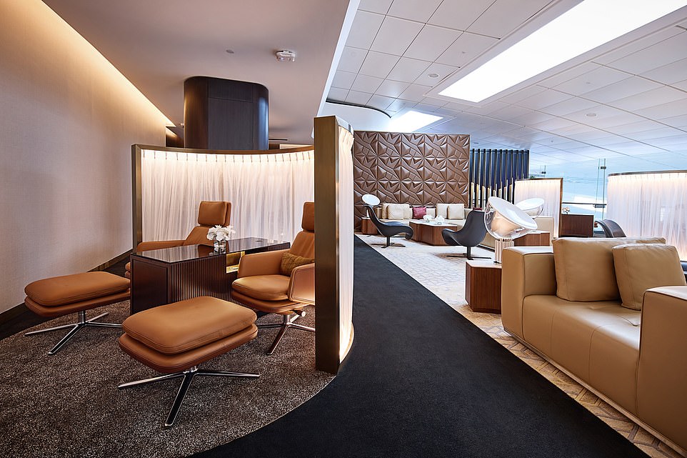 Some of the gates connect to the lounge, which faces the runway, with huge windows affording guests magnificent views of manoeuvring planes – including A380 superjumbos. Above is the first-class lounge