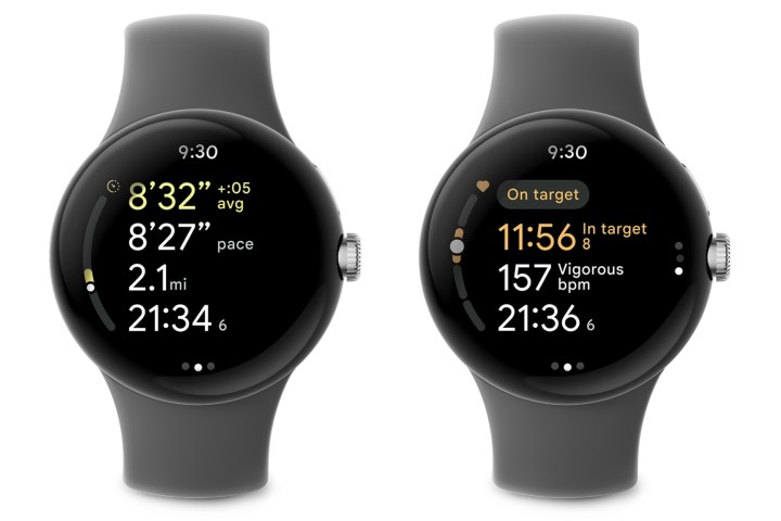 Zwei Google Pixel-Uhren zeigen Tempotraining und Herzzonentraining.