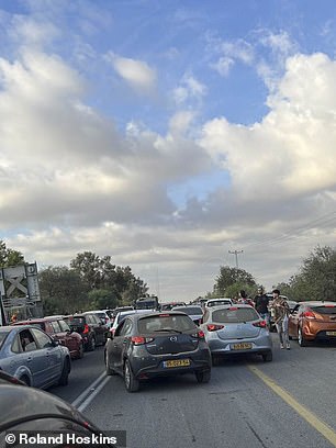 A queue of cars leading away from the Nova music festival on October 7