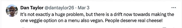 Diese Woche kam es zu einer Debatte über X (ehemals Twitter), bei der wütende Vegetarier sich darüber beschwerten, dass vegane Gerichte über vegetarischen Gerichten angeboten würden