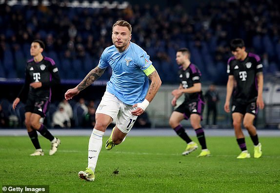 ROME, ITALY - FEBRUARY 14: Ciro Immobile of SS Lazio celebrates after scoring his team's first goal from the penalty-spot during the UEFA Champions League 2023/24 round of 16 first leg match between SS Lazio and FC Bayern MÃ¼nchen at Stadio Olimpico on February 14, 2024 in Rome, Italy. (Photo by Paolo Bruno/Getty Images)