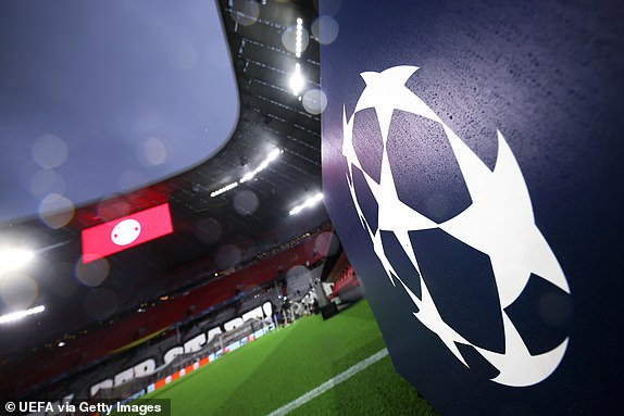 MUNICH, GERMANY - MARCH 05: General view inside the stadium as the UEFA Champions League logo is seen prior to the UEFA Champions League 2023/24 round of 16 second leg match between FC Bayern MÃ¼nchen and SS Lazio at Allianz Arena on March 05, 2024 in Munich, Germany. (Photo by Alex Grimm - UEFA/UEFA via Getty Images)