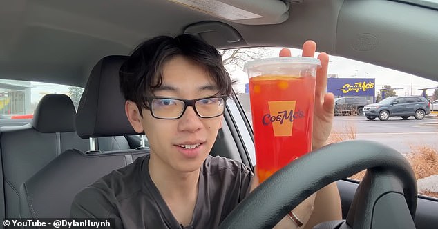 Lastly he tests a drink, which he asked the drive-thru attendant to surprise him with. He tells viewers that it the 'radioactive red' drink features 'popping boba' beans in it