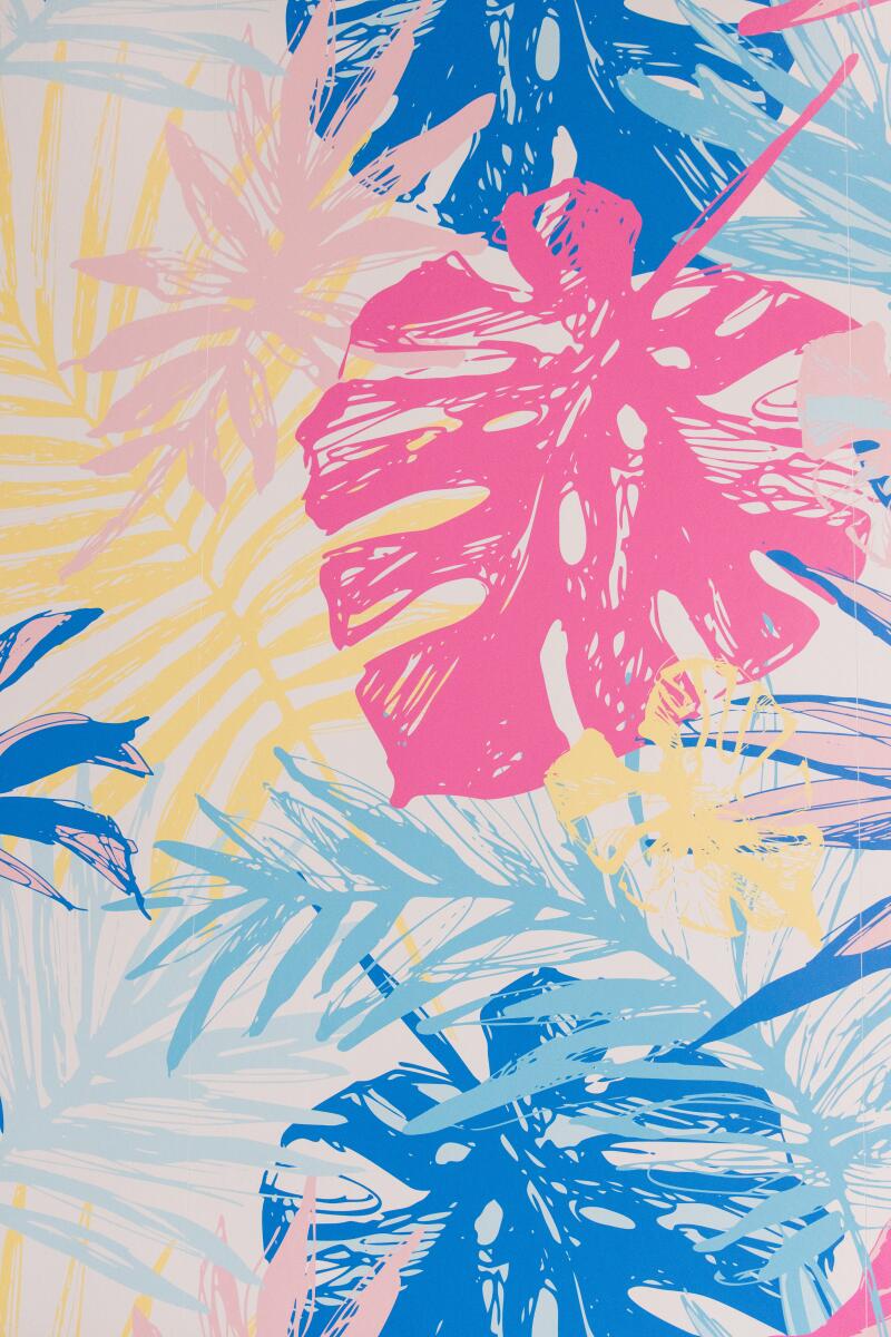 Die farbenfrohe Tapete von El Bacano zeigt Monstera und andere tropische Pflanzenblätter.