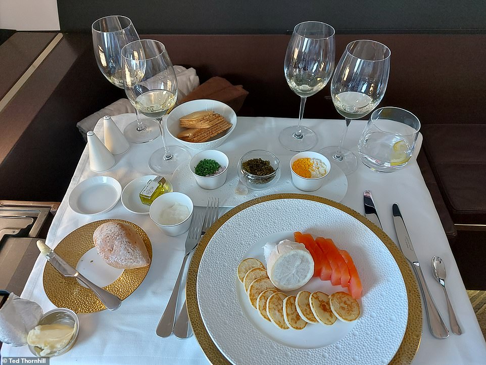 Yum's the word: Ted's lunch experience begins with Oscietra caviar with salmon (above). And a wine tasting