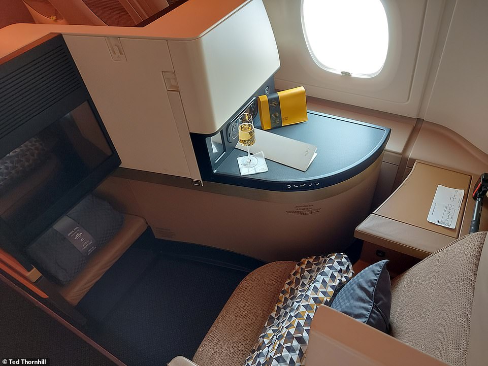 'The business-class cabin is smothered in Etihad's signature brown and cream hues,' writes Ted. Above is his seat - 19C