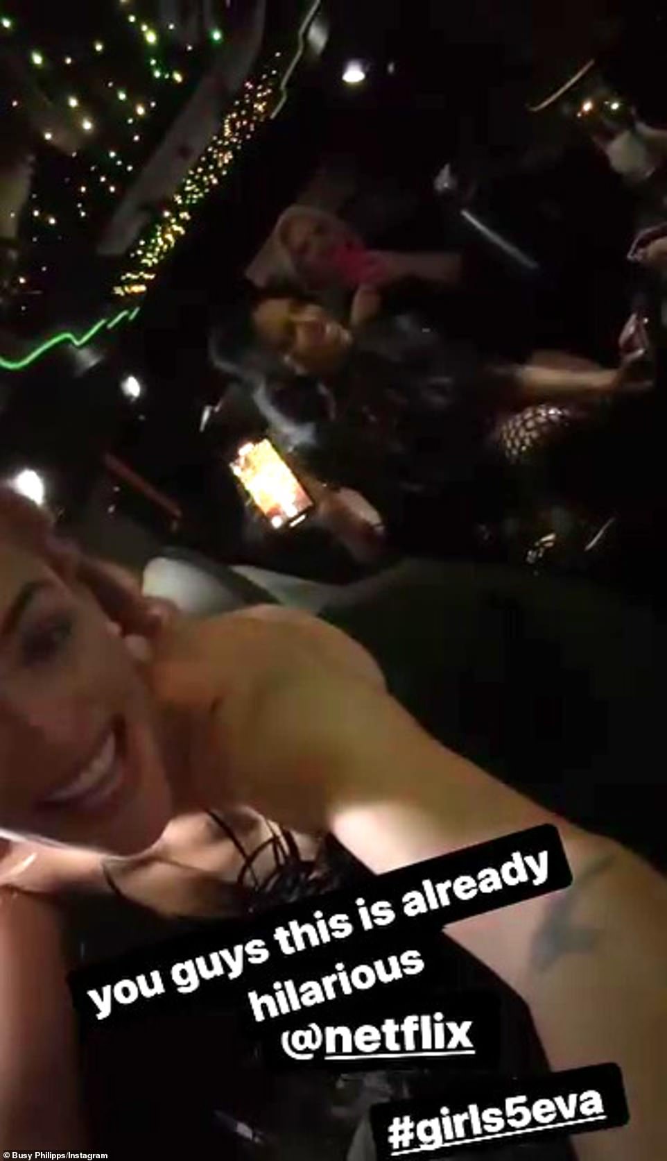 The La V brand ambassador - who boasts 2.4M Instagram followers - Instastoried a chaotic video of herself unable to sit in the dress while cruising in Hummer limousine with her castmates: 'You guys this is already hilarious'