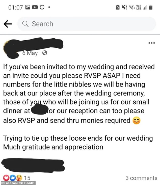 Hier ist zu sehen, wie die zukünftige Braut potenzielle Gäste um Geld bittet, sehr zum Entsetzen der Reddit-Community