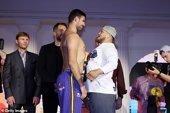 RIYADH, SAUDI ARABIA - MARCH 07: Andrii Novytskyi (L) and Juan Torres (R) face-off at the weigh-in ahead of their 'Knockout Chaos' heavyweight fight at Greece in Boulevard World on March 07, 2024 in Riyadh, Saudi Arabia. (Photo by Richard Pelham/Getty Images)