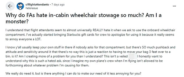 Die namentlich nicht genannte Mutter, die in den USA lebt, ging zu Reddit, um Besatzungsmitglieder zu fragen, warum sie „das Verstauen von Rollstühlen in der Kabine so sehr hassen“.