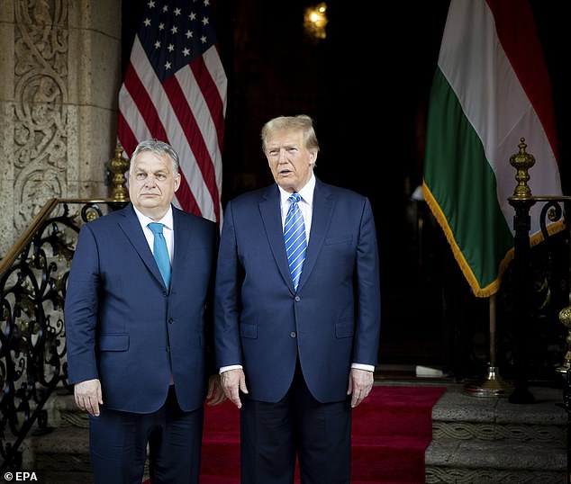 Der frühere Präsident Trump und der ungarische Premierminister Viktor Orban posieren am Freitagabend auf Trumps Anwesen Mar-a-Lago in Palm Beach, Florida, für Fotos