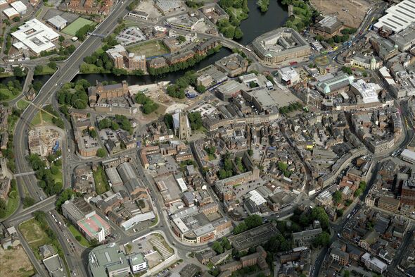 Luftaufnahme des Stadtzentrums, Derby