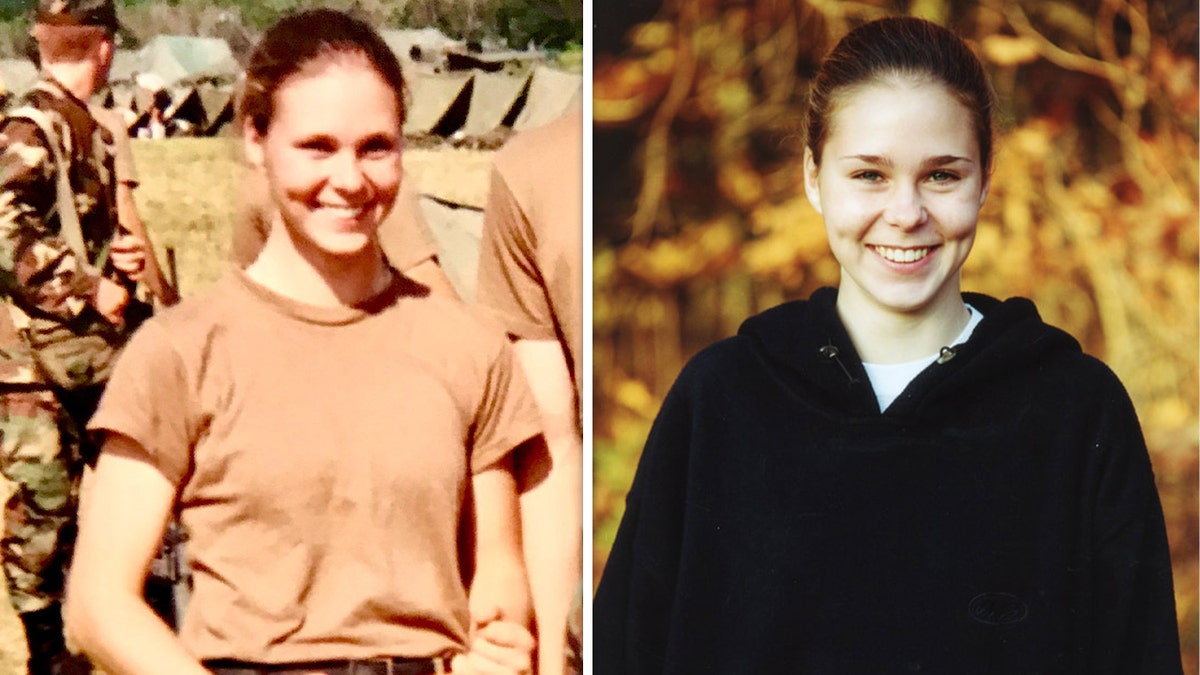 Links: Maura Murray in militärischer Trainingsausrüstung in West Point im Jahr 2000. Rechts: Maura Murray lächelt in einem schwarzen Sweatshirt.