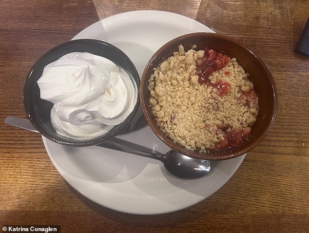 For her pudding, Katrina opted for apple and blackberry crumble, served with soft serve ice cream. She wanted 'to warm [her] insides as ballast against the squall outdoors'