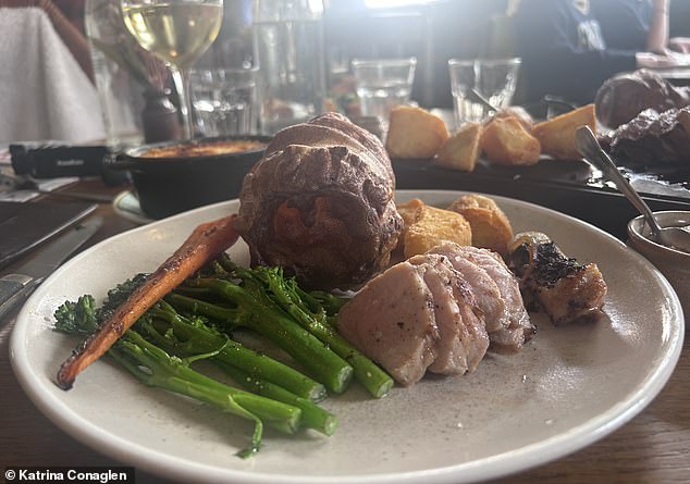 The Harwood Arms main: Iberian Pork with Jowl, with apple sauce, Yorkie, roasties, broccoli and carrot. The pork is sourced from Whitley Manor farm. Katrina said: 'I have every reason to suspect my pig had a gorgeous life back on Whitley Manor, judging by how succulent yet lean it tasted'