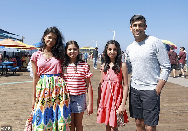 Rishi Sunak, pictured in Santa Monica with his wife and daughters, is reported to have used his family holiday to attend a Taylor Swift gig and take part in a fitness class set to the star's music