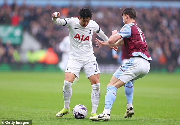 BIRMINGHAM, ENGLAND - MARCH 10: Son Heung-Min of Tottenham Hotspur is challenged by Clement Lenglet of Aston Villa during the Premier League match between Aston Villa and Tottenham Hotspur at Villa Park on March 10, 2024 in Birmingham, England. (Photo by Catherine Ivill/Getty Images)