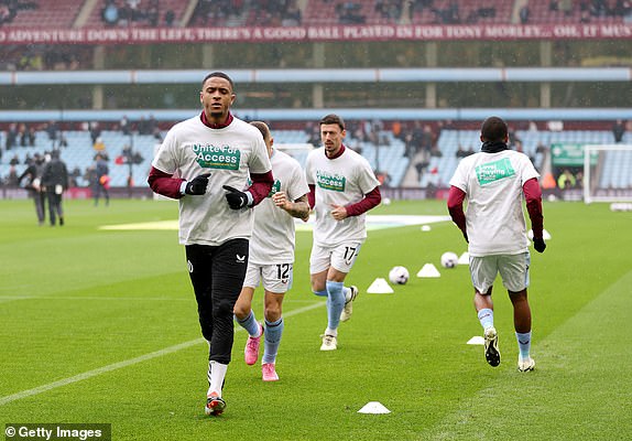 BIRMINGHAM, ENGLAND - MARCH 10: Ezri Konsa of Aston Villa warms up whilst wearing a 'Unite For Access' warm up top prior to the Premier League match between Aston Villa and Tottenham Hotspur at Villa Park on March 10, 2024 in Birmingham, England. (Photo by Catherine Ivill/Getty Images)